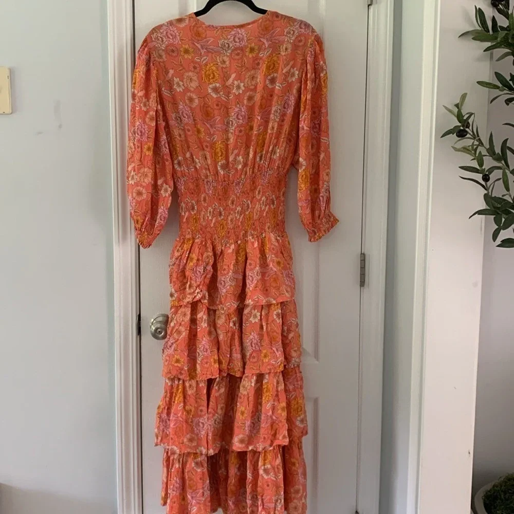 ELF Wrap Dress made by hand Size L birds Floral print ruffle smocked waist tie - Picture 11 of 16